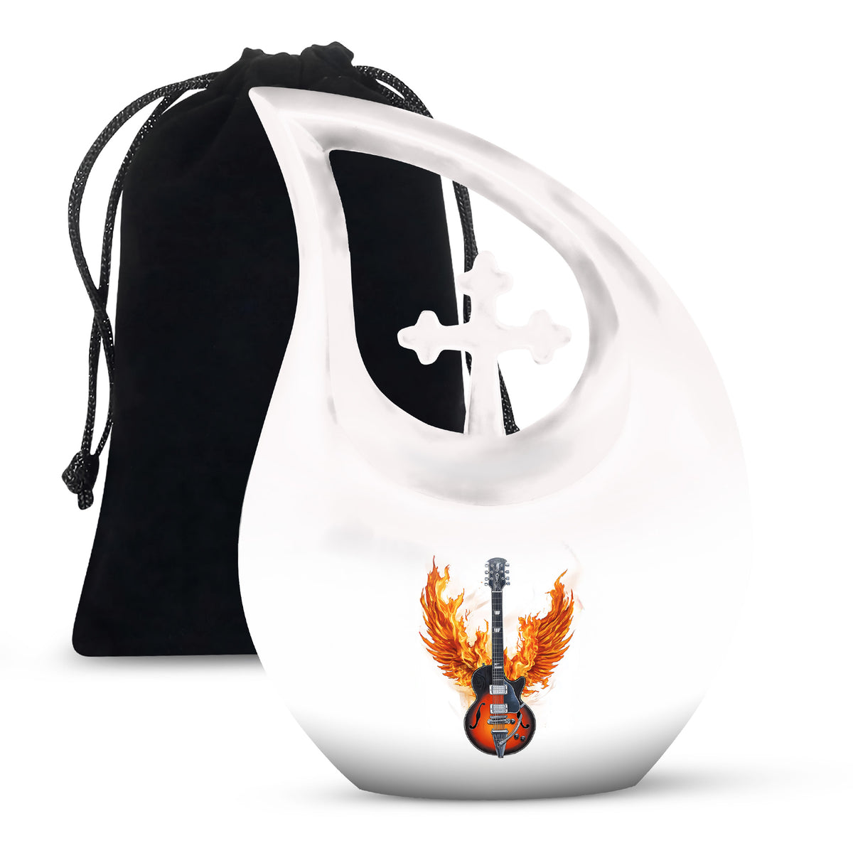White flaming Guitar Urn - Beautiful Cremation Urns For Human Ashes