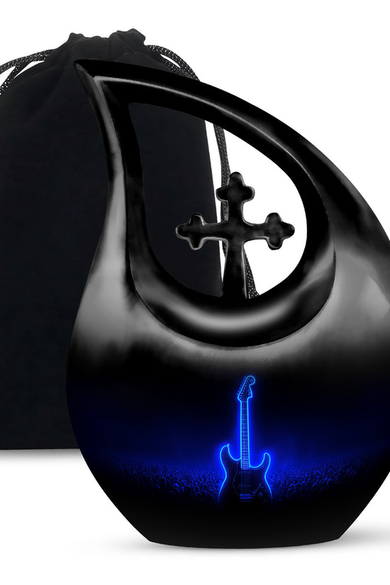 Blue Neon Guitar Cremation Urn - Musical Memorial Urn For Dad Ashes
