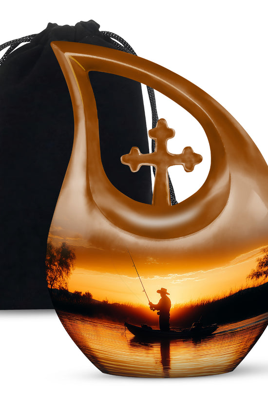 Fisherman Sunset Memorial Urn - Aluminum Cremation Urn For Burial