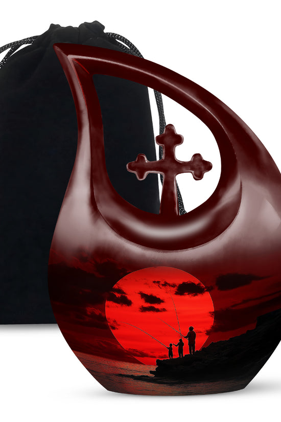 Family Fishing Memorial Urn - Red Sunset Funeral Urn For Loved Ones