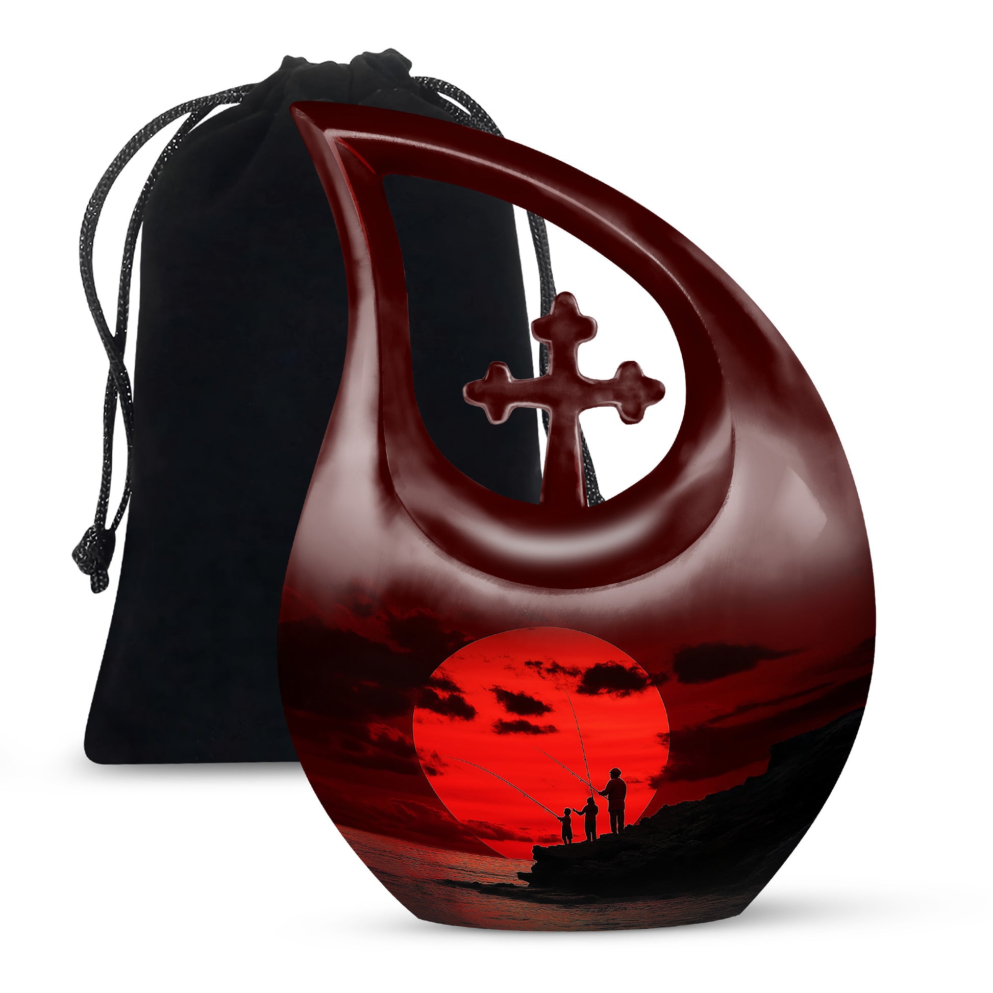 Family Fishing Memorial Urn - Red Sunset Funeral Urn For Loved Ones