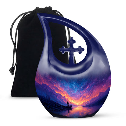 Night Sky Fishing Memorial Urn - Peaceful Lake Cremation Urn For Adult Ashes