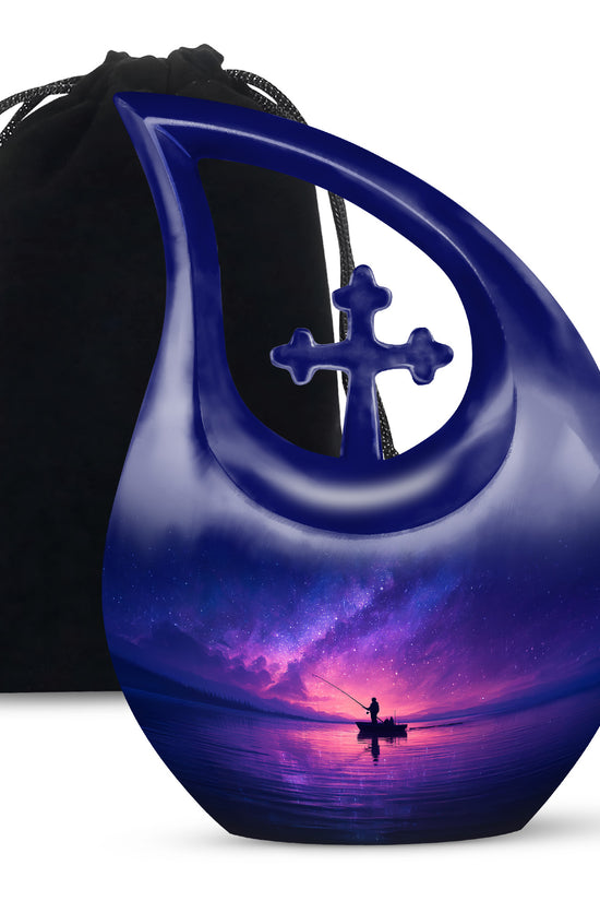 Galaxy Night Fishing Funeral Urn - Scenic Lake Cremation Urn For Dad