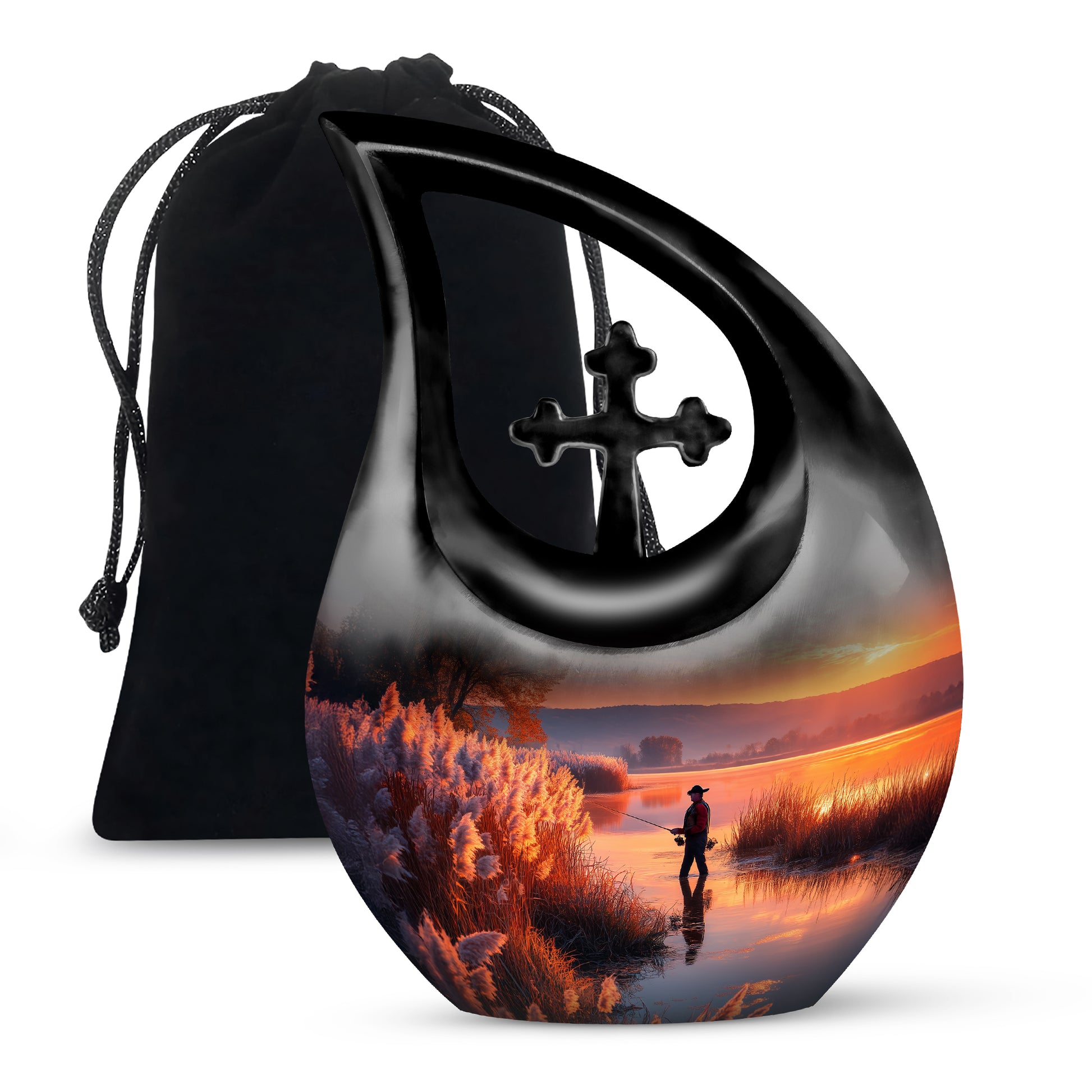 Farm Fishing Funeral Urn - Golden Sunset Cremation Urn For Burial