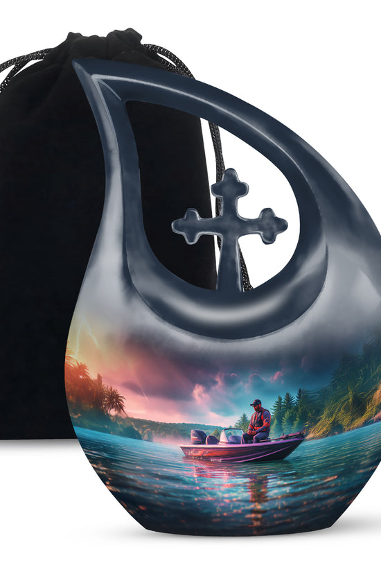 Fishing Boat Funeral Urn - Peaceful Lake Memorial Urn For Adult Ashes