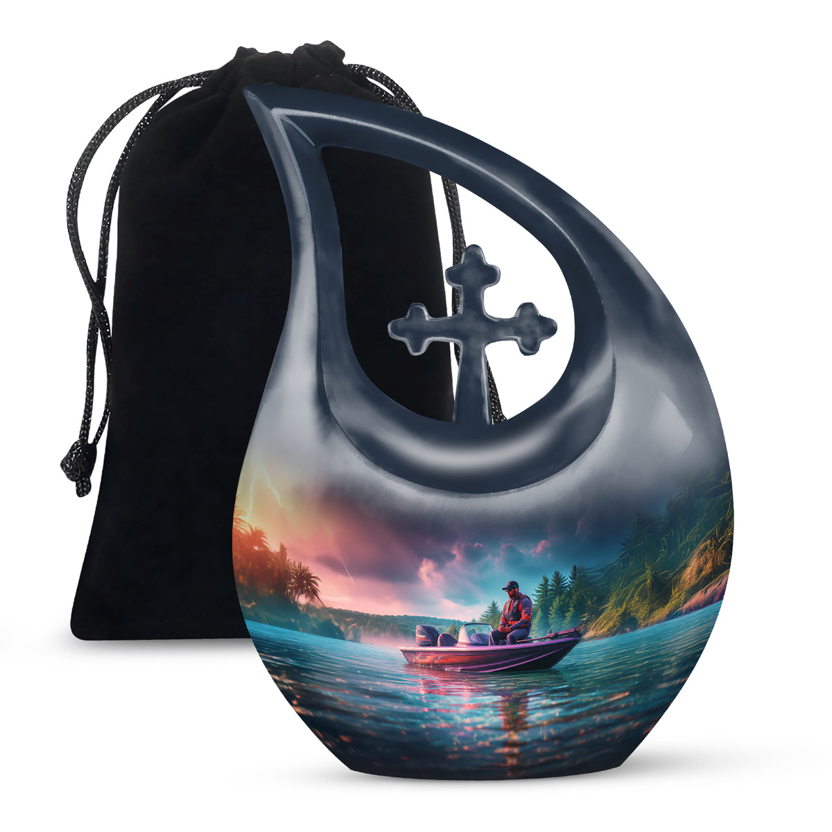 Fishing Boat Funeral Urn - Peaceful Lake Memorial Urn For Adult Ashes