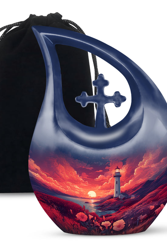 Red Sunset Ocean Lighthouse Urn - Beautiful Memorial Urn For Loved Ones