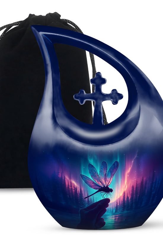 Northern Lights Dragonfly Memorial Urn - Artistic Cremation Urn For Human Ashes