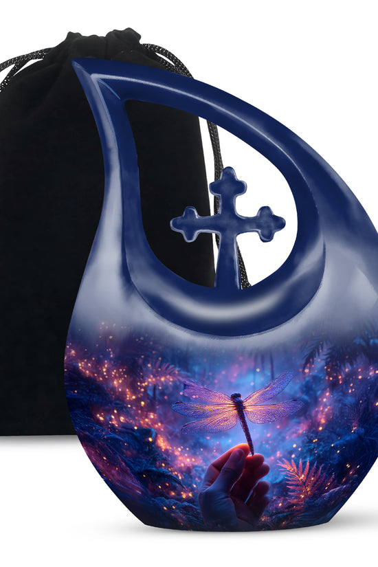 Neon Dragonfly Cremation Urn - Glowing Forest Memorial Urn For Adult Ashes