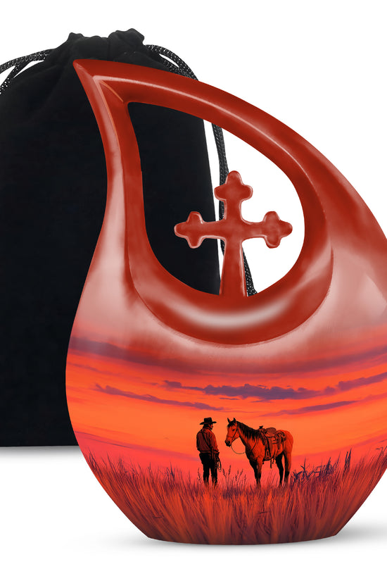 Cowboy Horse Field Memorial Urn - Sunset Cremation Urn For Dad Ashes