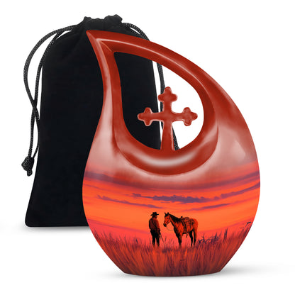 Cowboy Horse Field Memorial Urn - Sunset Cremation Urn For Dad Ashes