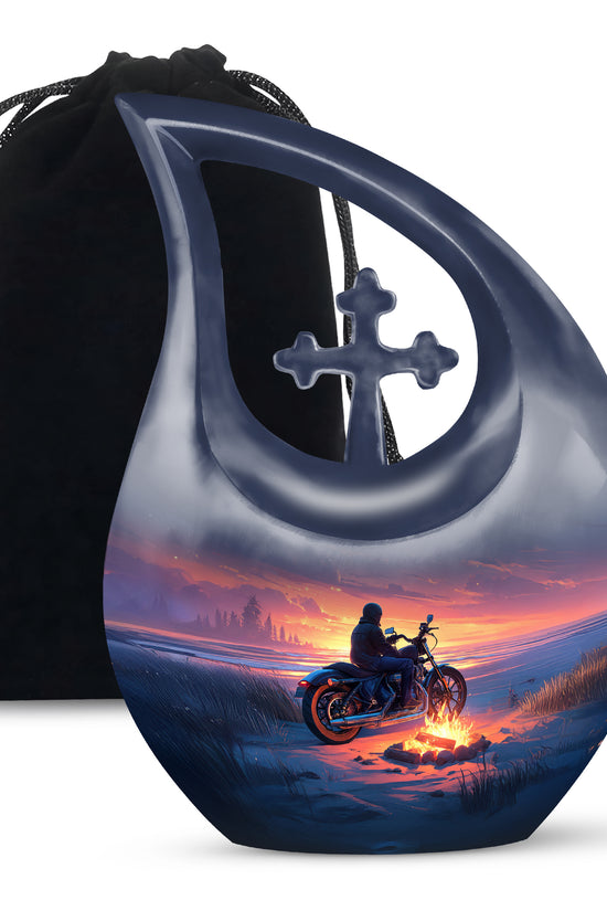Sunset Motorcycle Rider Cremation Urn - Bonfire Funeral Urn For Loved Ones