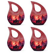 Scarlet Red Bike Cremation Urn lifestyle display on memorial shelf - devotional cross-drop bike engraving - 10 inch aluminum urn for cremated remains