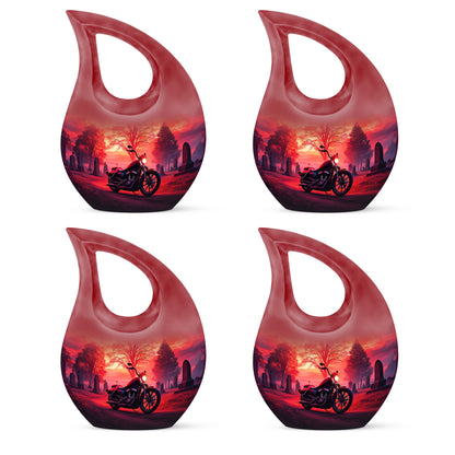 Scarlet Red Bike Cremation Urn lifestyle display on memorial shelf - devotional cross-drop bike engraving - 10 inch aluminum urn for cremated remains