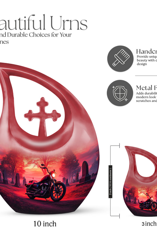 Cherry Red Bike Cremation Urn back view with polished surface - faith-inspired cross-drop urn with bike pattern - mini keepsake memorial for portion of cremation ashes
