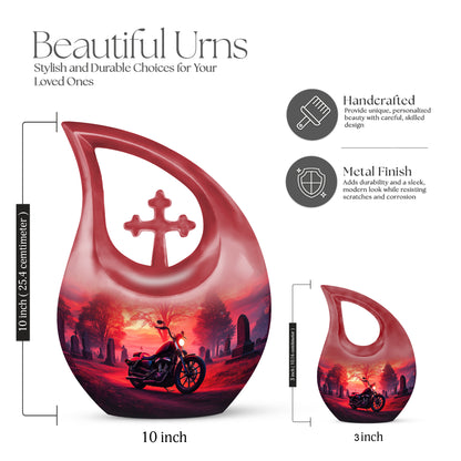 Cherry Red Bike Cremation Urn back view with polished surface - faith-inspired cross-drop urn with bike pattern - mini keepsake memorial for portion of cremation ashes
