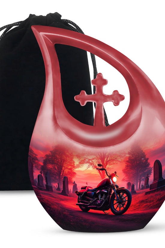 Rich Red Bike Cremation Urn top-down view of secure threaded lid - devotional cross-drop bike engraving - full-size 10 inch 200 cubic inch adult cremation urn