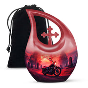 Rich Red Bike Cremation Urn top-down view of secure threaded lid - devotional cross-drop bike engraving - full-size 10 inch 200 cubic inch adult cremation urn