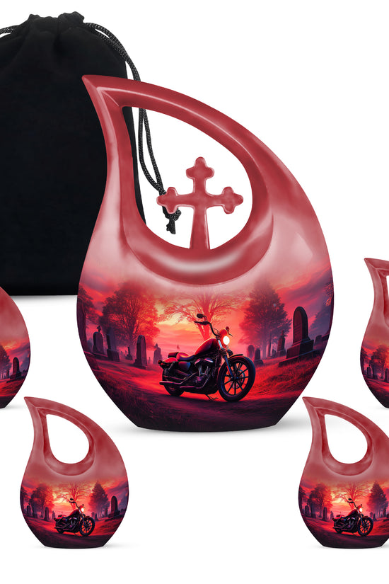 Deep Red Bike Cremation Urn urn with complimentary velvet bag - sacred cross merged with bike motif on metal - memorial set with one large and four small urns