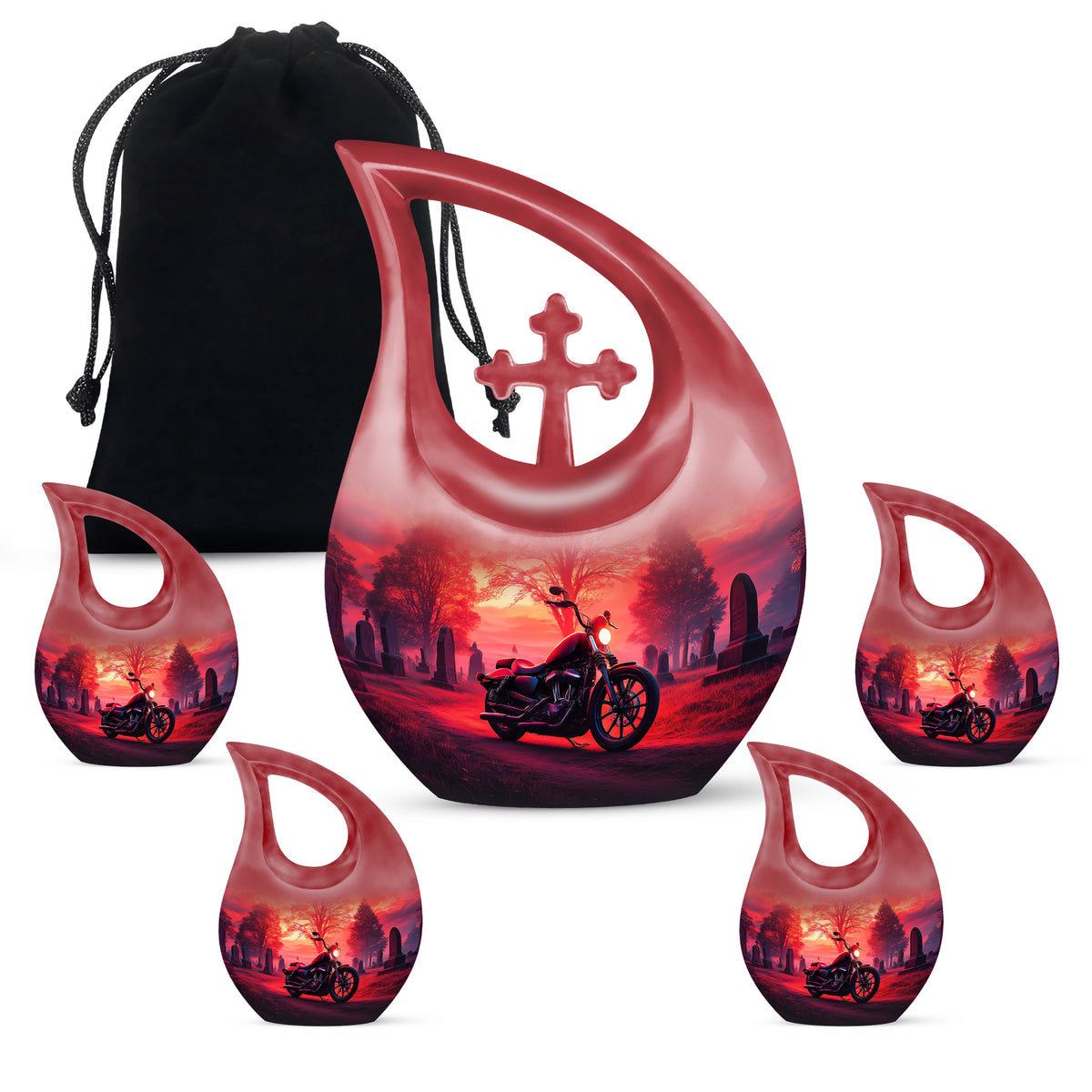 Deep Red Bike Cremation Urn urn with complimentary velvet bag - sacred cross merged with bike motif on metal - memorial set with one large and four small urns