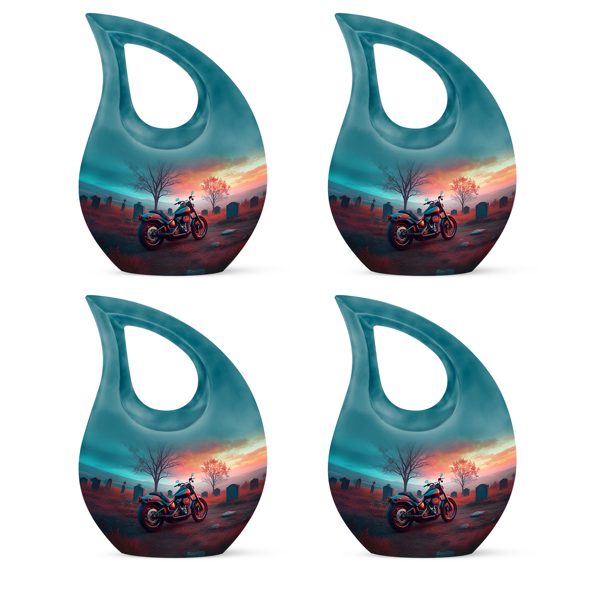 Ocean Teal Bike Cremation Urn lifestyle display on memorial shelf - cross and bike combined in spiritual memorial design - 10 inch aluminum urn for cremated remains