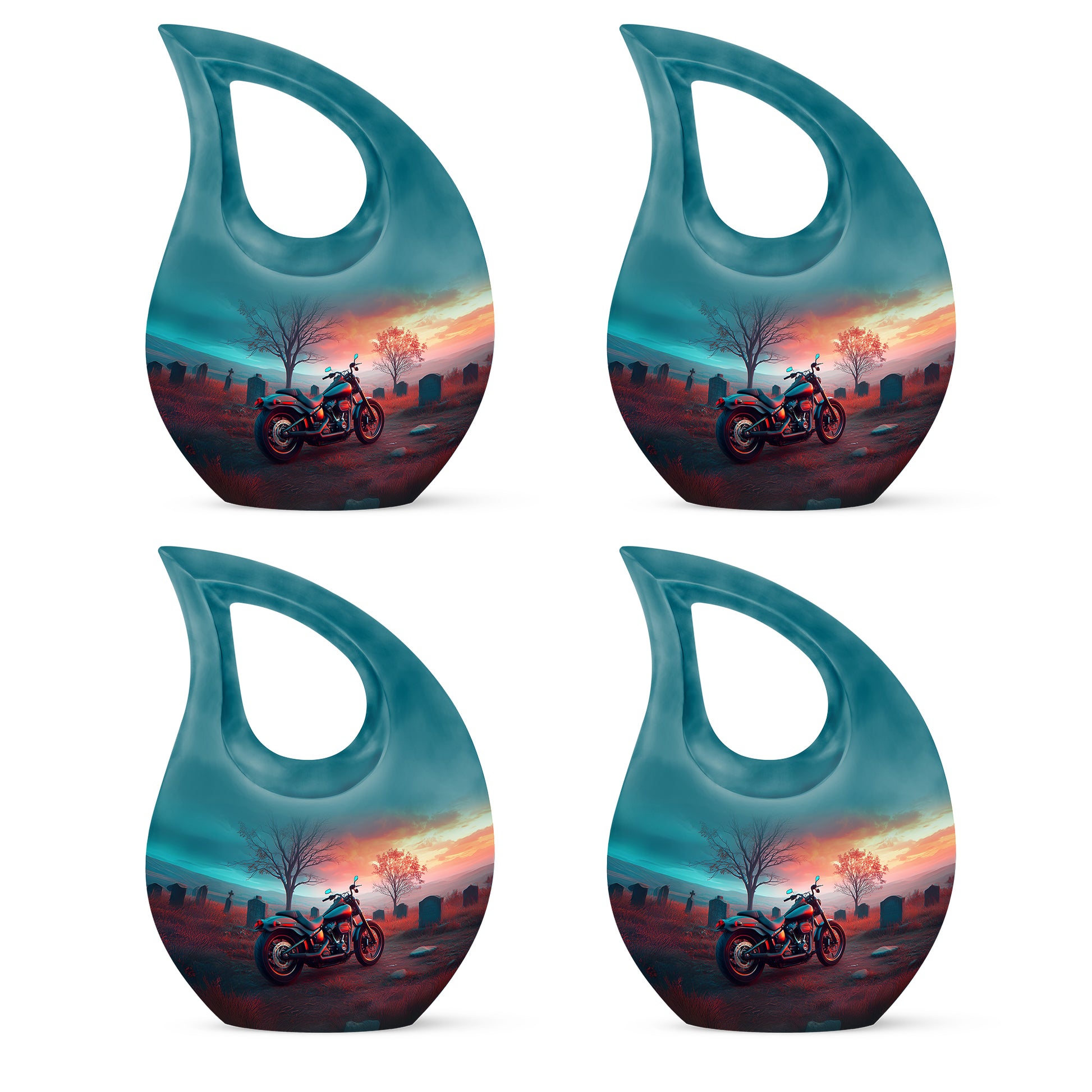 Ocean Teal Bike Cremation Urn lifestyle display on memorial shelf - cross and bike combined in spiritual memorial design - 10 inch aluminum urn for cremated remains