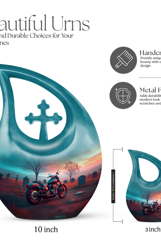Mystic Teal Bike Cremation Urn back view with polished surface - devotional cross-drop bike engraving - mini keepsake memorial for portion of cremation ashes