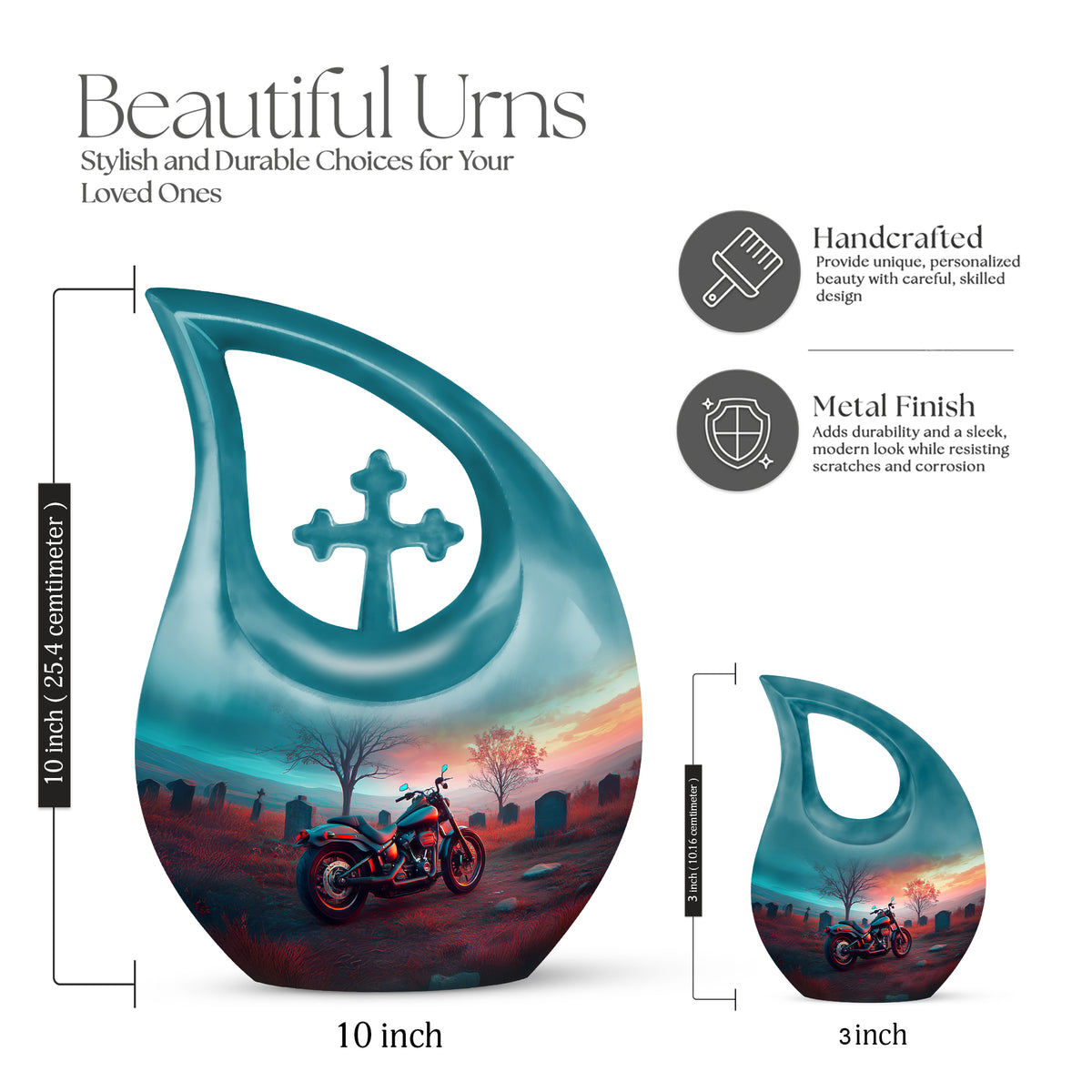 Mystic Teal Bike Cremation Urn back view with polished surface - devotional cross-drop bike engraving - mini keepsake memorial for portion of cremation ashes