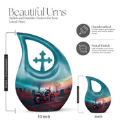 Mystic Teal Bike Cremation Urn back view with polished surface - devotional cross-drop bike engraving - mini keepsake memorial for portion of cremation ashes