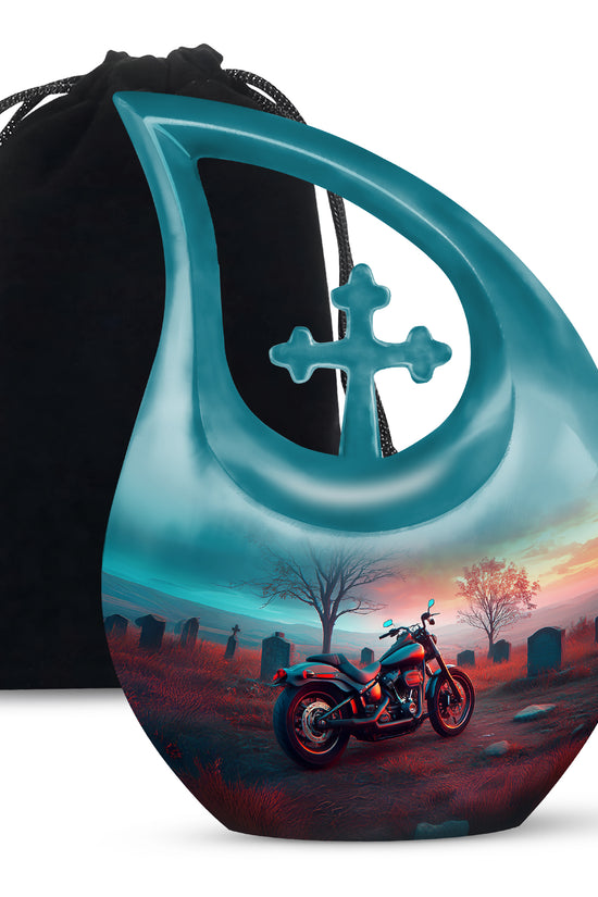 Deep Teal Bike Cremation Urn top-down view of secure threaded lid - devotional cross-drop bike engraving - full-size 10 inch 200 cubic inch adult cremation urn