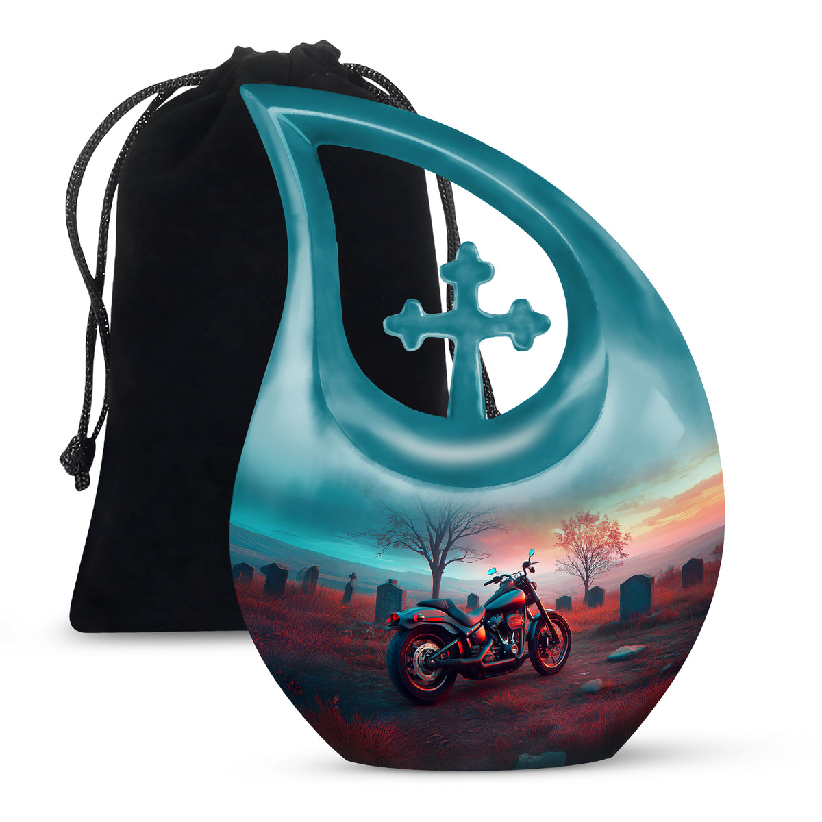 Deep Teal Bike Cremation Urn top-down view of secure threaded lid - devotional cross-drop bike engraving - full-size 10 inch 200 cubic inch adult cremation urn