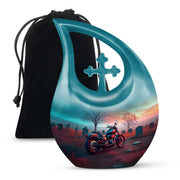 Deep Teal Bike Cremation Urn top-down view of secure threaded lid - devotional cross-drop bike engraving - full-size 10 inch 200 cubic inch adult cremation urn