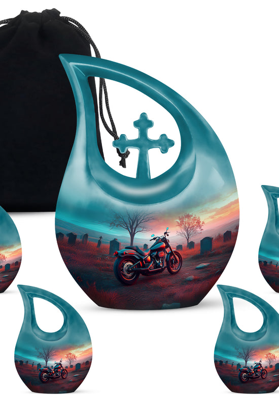 Deep Teal Bike Cremation Urn urn with complimentary velvet bag - faith-inspired cross-drop urn with bike pattern - memorial set with one large and four small urns
