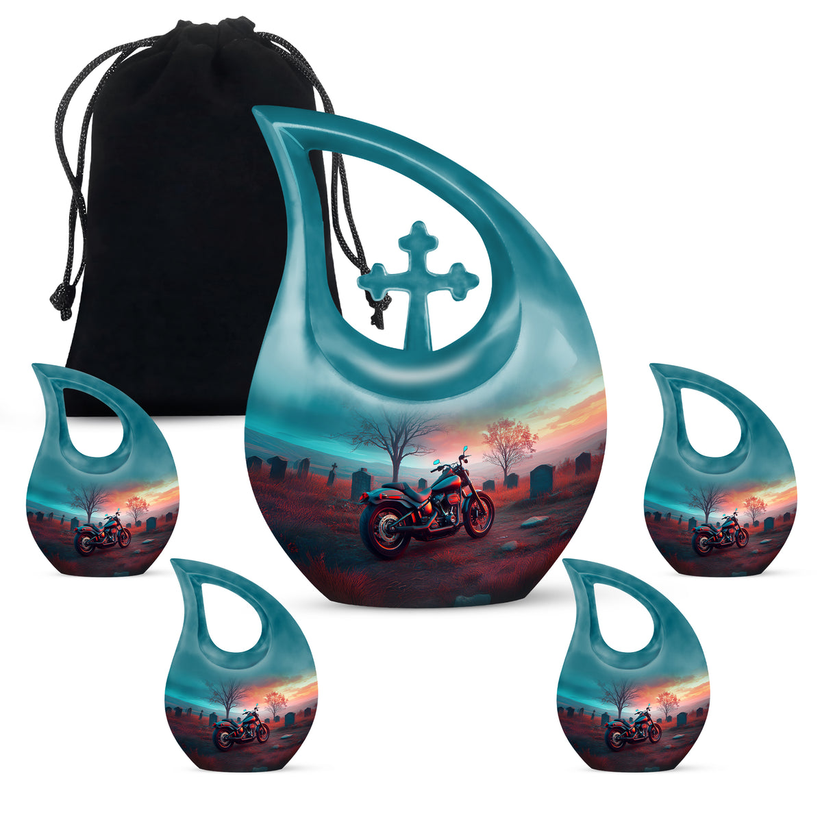 Deep Teal Bike Cremation Urn urn with complimentary velvet bag - faith-inspired cross-drop urn with bike pattern - memorial set with one large and four small urns