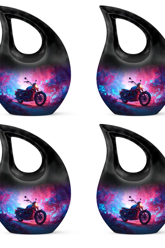 Bright Blue Bike Cremation Urn lifestyle display on memorial shelf - faith-inspired cross-drop urn with bike pattern - 10 inch aluminum urn for cremated remains