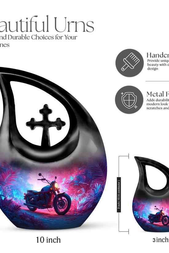 Slate Blue Bike Cremation Urn back view with polished surface - sacred cross merged with bike motif on metal - mini keepsake memorial for portion of cremation ashes