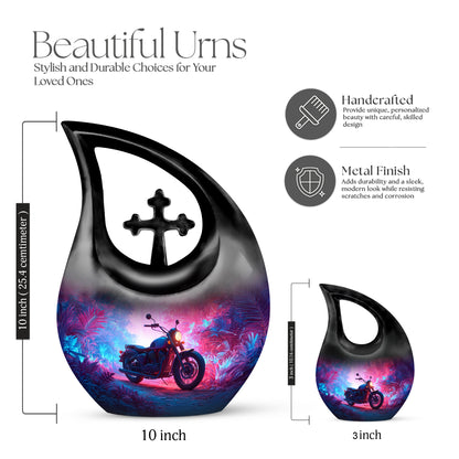 Slate Blue Bike Cremation Urn back view with polished surface - sacred cross merged with bike motif on metal - mini keepsake memorial for portion of cremation ashes