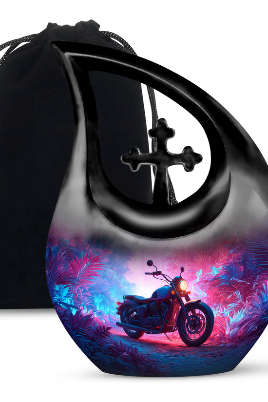 Cobalt Blue Bike Cremation Urn top-down view of secure threaded lid - devotional cross-drop bike engraving - full-size 10 inch 200 cubic inch adult cremation urn