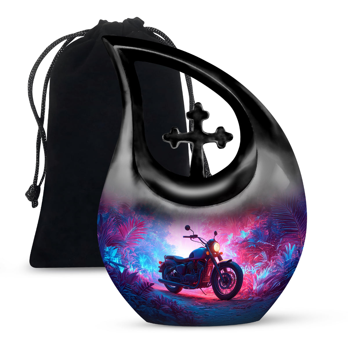 Cobalt Blue Bike Cremation Urn top-down view of secure threaded lid - devotional cross-drop bike engraving - full-size 10 inch 200 cubic inch adult cremation urn