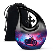 Cobalt Blue Bike Cremation Urn top-down view of secure threaded lid - devotional cross-drop bike engraving - full-size 10 inch 200 cubic inch adult cremation urn