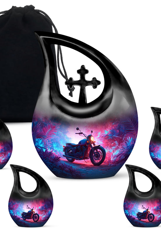 Cornflower Blue Bike Cremation Urn urn with complimentary velvet bag - devotional cross-drop bike engraving - memorial set with one large and four small urns