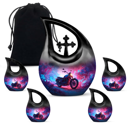 Cornflower Blue Bike Cremation Urn urn with complimentary velvet bag - devotional cross-drop bike engraving - memorial set with one large and four small urns