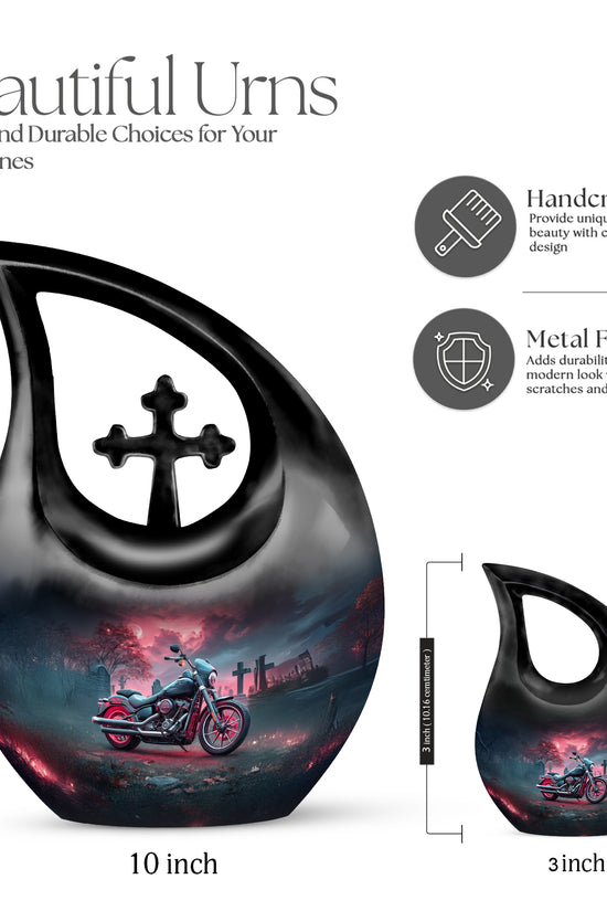 Indigo Bike Cremation Urn back view with polished surface - cross and bike combined in spiritual memorial design - mini keepsake memorial for portion of cremation ashes