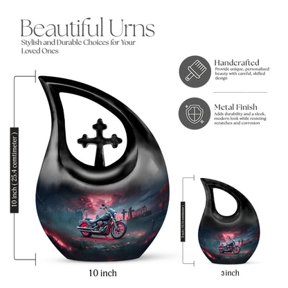 Indigo Bike Cremation Urn back view with polished surface - cross and bike combined in spiritual memorial design - mini keepsake memorial for portion of cremation ashes