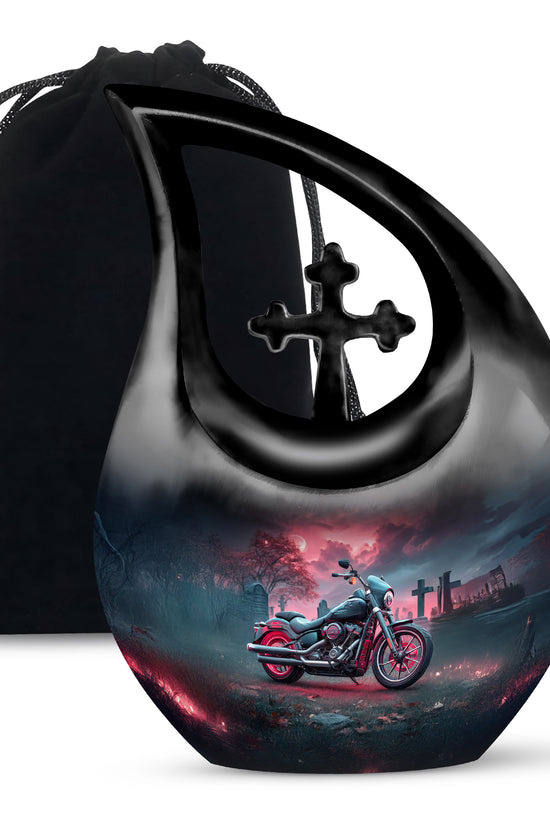 Slate Blue Bike Cremation Urn top-down view of secure threaded lid - cross and bike combined in spiritual memorial design - full-size 10 inch 200 cubic inch adult cremation urn
