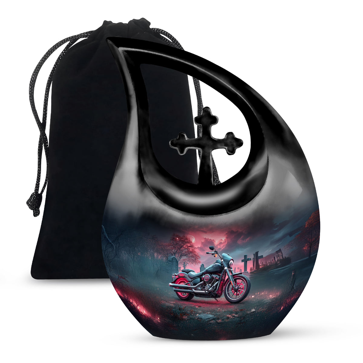 Slate Blue Bike Cremation Urn top-down view of secure threaded lid - cross and bike combined in spiritual memorial design - full-size 10 inch 200 cubic inch adult cremation urn