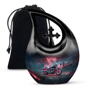Slate Blue Bike Cremation Urn top-down view of secure threaded lid - cross and bike combined in spiritual memorial design - full-size 10 inch 200 cubic inch adult cremation urn