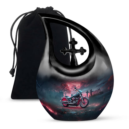 Slate Blue Bike Cremation Urn top-down view of secure threaded lid - cross and bike combined in spiritual memorial design - full-size 10 inch 200 cubic inch adult cremation urn
