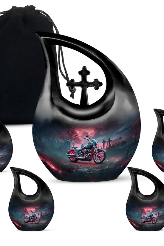 Indigo Bike Cremation Urn urn with complimentary velvet bag - cross and bike combined in spiritual memorial design - memorial set with one large and four small urns