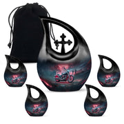 Indigo Bike Cremation Urn urn with complimentary velvet bag - cross and bike combined in spiritual memorial design - memorial set with one large and four small urns
